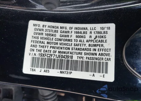 2018 Honda Civic Ex из США, поврежденный, VIN 19XFC2F71JE043918
